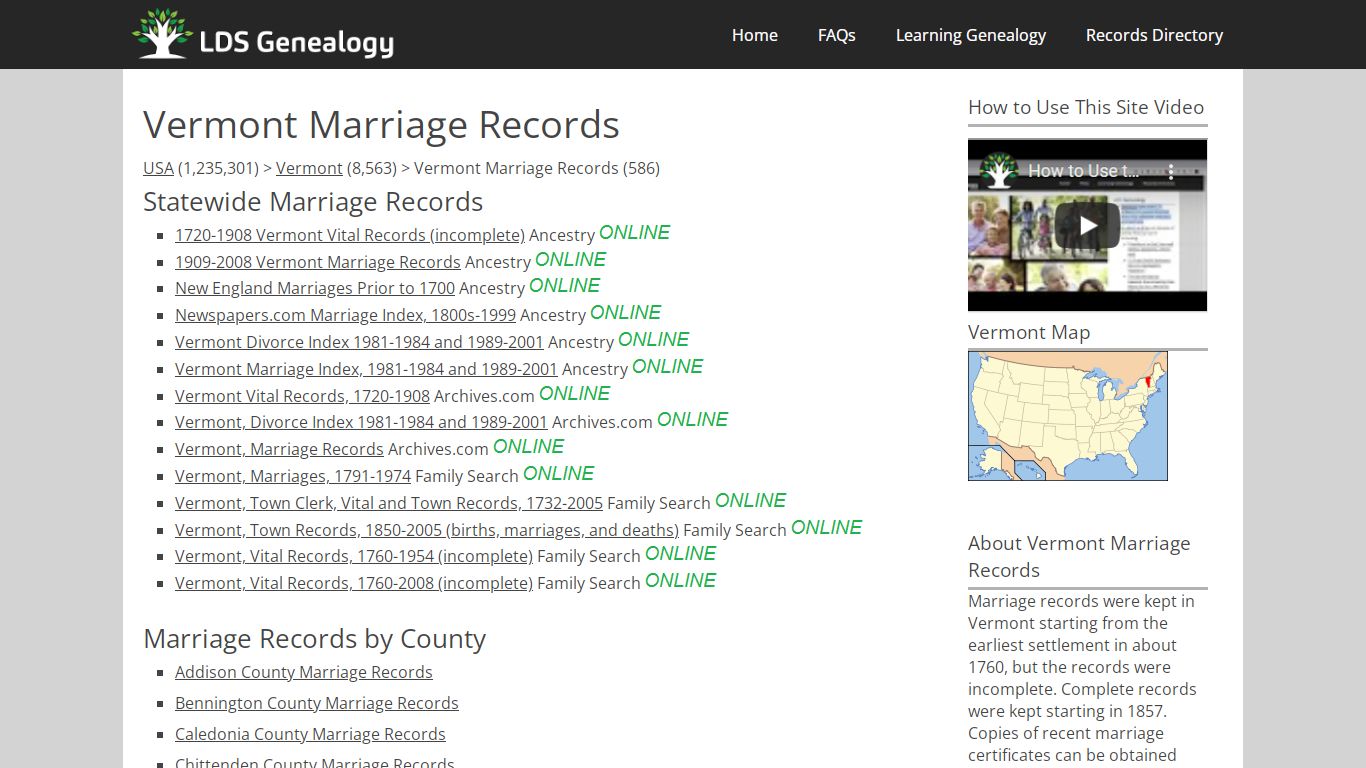 Vermont Marriage Records - LDS Genealogy