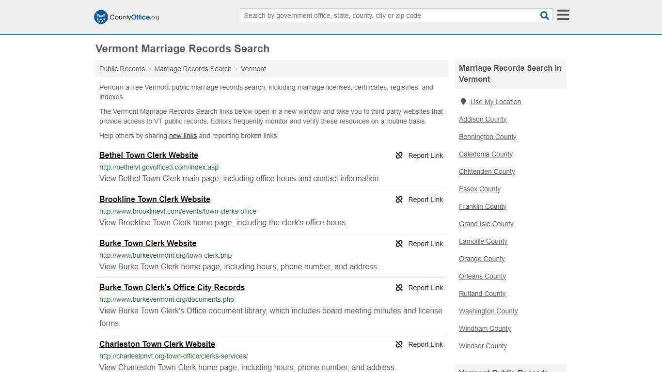 Vermont Marriage Records Search - County Office